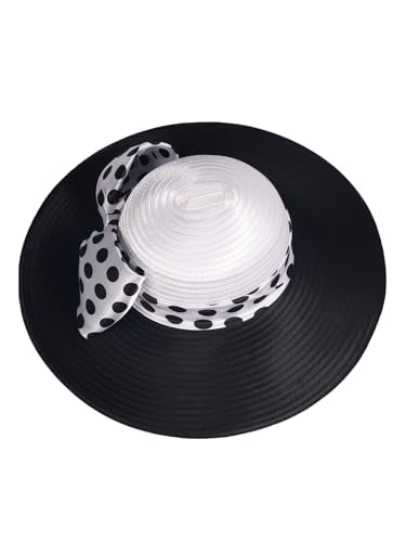 Women Wide Brim Rose Black Patchwork Kentucky Hat for Wedding Party Hat Big Bowknot Polka Dots Fedora Hats - color: White Black