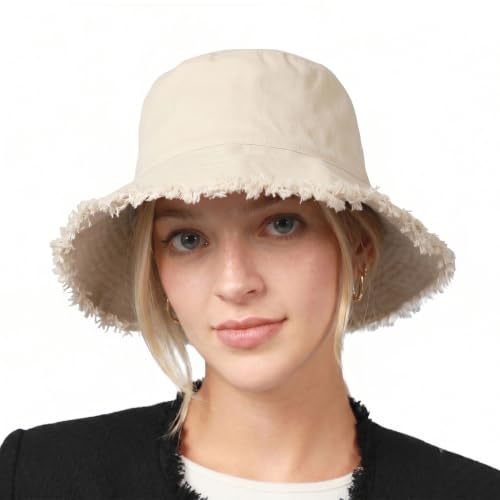 CHOK.LIDS Frayed Bucket Hat Washed Cotton Floppy Wide Brim Boonie Cap - color: Cream