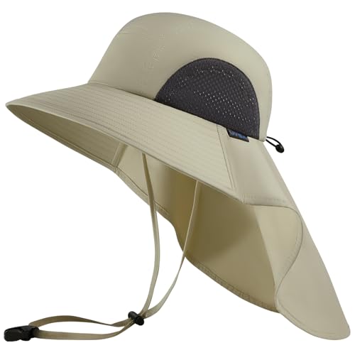 UPF 50+ Foldable Sun Hats Wide Brim with Large Neck Flap for Men Women UV Protection Gardening Fishing Beach Hat - color: Beige