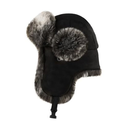 Men Russian Cossack Ushanka Trapper Hat Suede Faux Fur Hunter Hat Thick Furry Trooper Hat with Earflaps Skiing Cap - color: Black