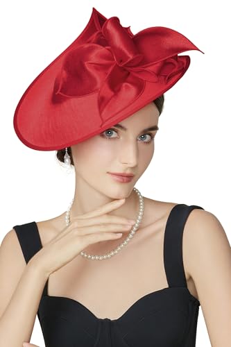 BABEYOND Derby Fascinators Hats for Women Wide Brim Tea Party Flower Hat - color: Red