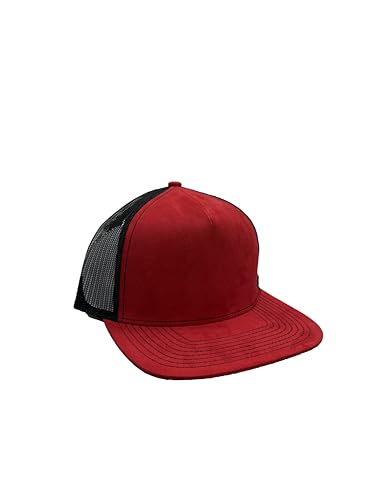Ashen Fane Faux Suede Polyester Blend 5 Panel Classic Flat or Round Visor Adjustable Snapback Mesh Back Trucker Hat - color: Flat - Red