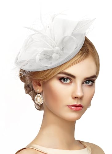 Zinniday Fascinator Tea Party Hat - 2026 Derby Pillbox Kentucky Hat for Women (7.87x5.9inch) - color: White