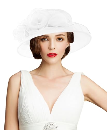 Women's Kentucky Derby Church Dress Hat Wide Brim Leaf Flower Bridal Shower Hat - color: A8 White