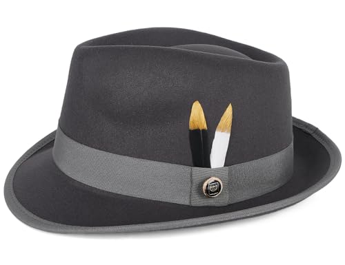 Fedora Hats for Men & Women Short Brim Felt hat Trilby Fedora with Feather Panama Dress Hat - color: Dark Grey, size: Medium