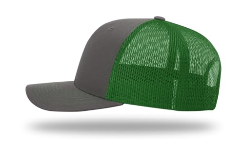 Richardson 112 Trucker Hat - Premium Blank Baseball Cap, Adjustable Snapback Hat - Structured Six Panel Richardson Blank Hats - color: Charcoal/Kelly Green