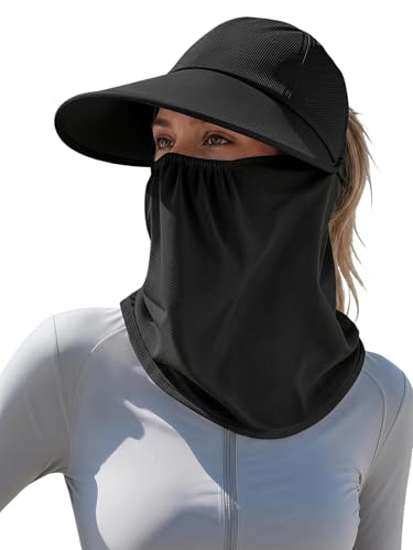 Outdoor Wide Brim Sun Hat Visor for Women, Detachable Face & Neck Cover, Hiking Gardening UPF 50+, Ponytail Friendly - color: Black