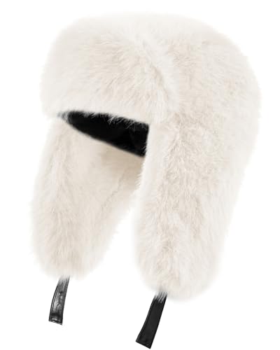 Trapper Hat with Ear Flaps - Winter Russian-Style Fur Pilot Ushanka, Windproof Skiing for Men & Women - color: White02