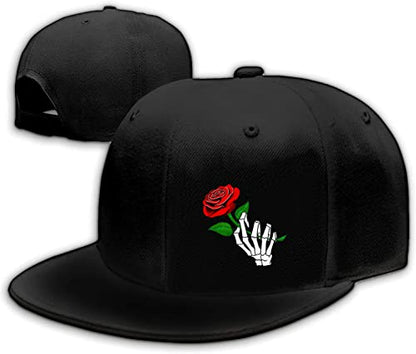 Snapback Hats for Men Flat Bill Black Adjustable Baseball Cap Trucker Hat for Dad American Flag Pirate Skull Caps Cool - color: Skeleton Rose Flower