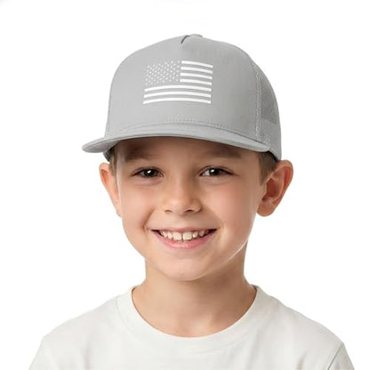 BROMZ Kids Youth American Flag Trucker Hat Flat Bill, Breathable Mesh Back Snapback Baseball Cap for Boys Girls 5-15 Years - color: Gray/White Flag