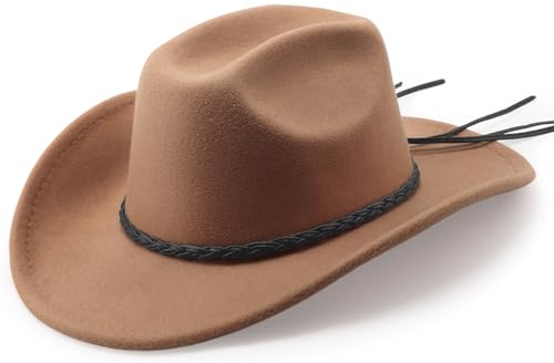 DRESHOW Western Cowboy Hat for Men Women Cowboy Cowgirl Hat Outdoor Wide Brim Retro Felt Fedora Hats Unisex Rolled up Caps - color: 1 Pack Style 8: Khaki