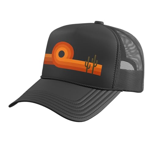 Retro Desert Sunset, Vintage Southwest Cactus Landscape Trucker Hat with Adjustable Mesh Back - color: Black