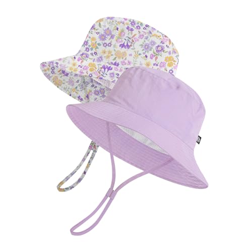Toddler Bucket Hats UPF 50+ Baby Sun Hat Adjustable Kids Sun Protection Summer Hat Wide Brim Beach Hat for Boys Girls 0-6Y - color: Purple+purple Flower, size: 6-24 Months