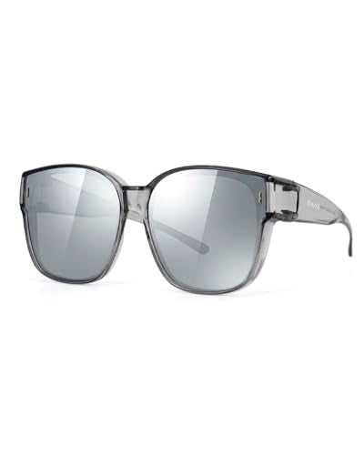 Meeloog Large Polarized Fit Over Glasses Sunglasses for Women Men MST0110 - color: P1 Grey Frame/Silver Mirrored Lens