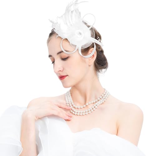 Tulle Flower Fascinators Hats for Women 2025 Derby Outfits for Women Tea Party Derby Hats - color: White