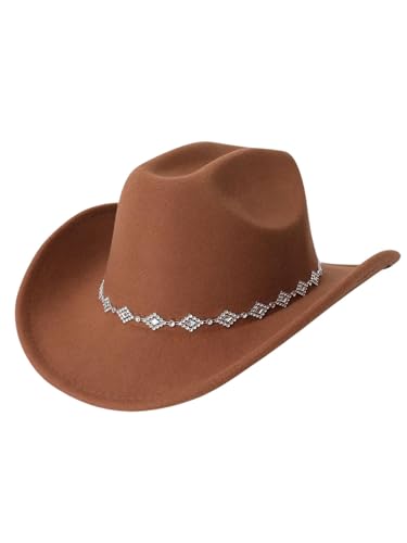 Verdusa Women's Western Cowboy Hat Rhinestone Wide Brim 2026 Cowgirl Hat - color: Brown
