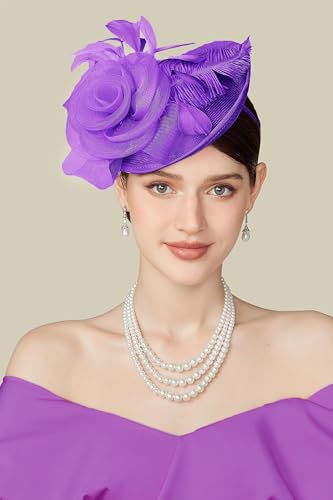 BABEYOND Fascinators Hats for Women Tea Party Mesh Flower Pillbox Derby Hat - color: Purple