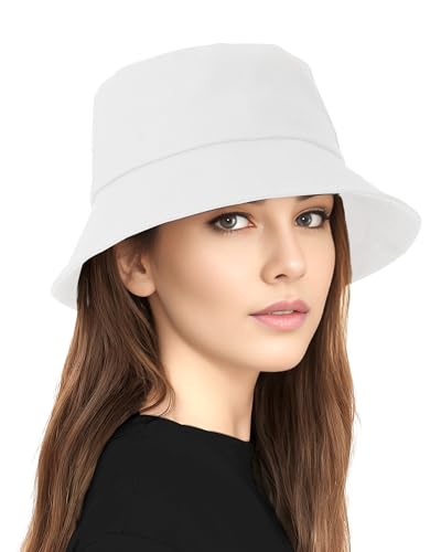 BFONS Cotton Bucket Hat Unisex for Women Men Summer Sun Beach Hat, Denim Packable Fisherman Cap for Casual Sports Trips - color: White, size: Large