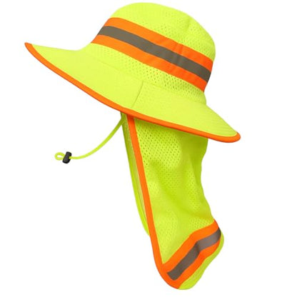 Men High Visibility Reflective Work Safety Sun Hat with Neck Flap Wide Brim Boonie UV Protection - color: 1pc Neon Lime