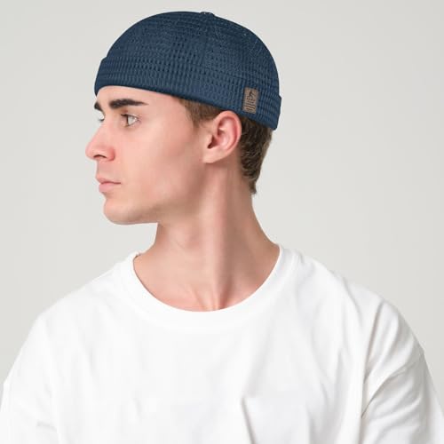 Mens Mesh Brimless Cap with No Brim, Summer Docker Cap Beanie Hat Flip Sailor Skullcap Breathable - color: Navy Blue
