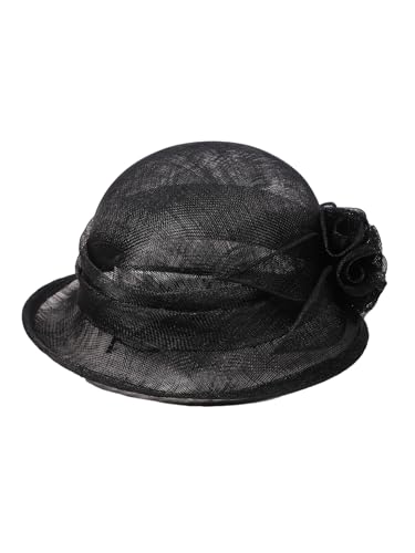 HIMESPORT Retro Sinamay Veil Flower Bride Wedding Fascinator Hat Feather Bowler Hat Hair Accessory Banquet Cocktail Party - color: Black