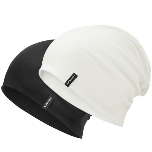 HAMUNI Slouchy Beanie for Women Men Soft Cotton Chemo Hats Double-Layer Warm Beanie Cap for Daily Wear & Transitional Seasons - color: Black+white
