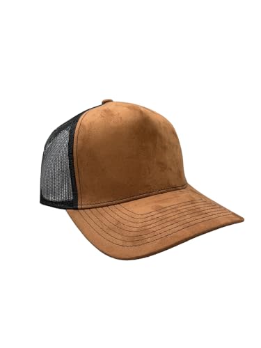 Ashen Fane Faux Suede Polyester Blend 5 Panel Classic Flat or Round Visor Adjustable Snapback Mesh Back Trucker Hat - color: Round - Brown