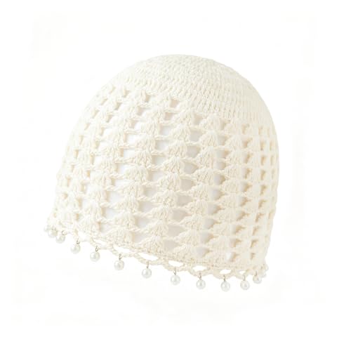 Crochet Hat Cap Cute Summer Beanies with Pearl Decor Boho Knit Mesh Hat - color: White Pearl