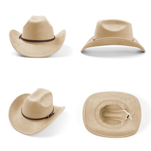 Cowboy Hats for Women and Men with Wide Brim Felt Suede Western Hats for Cowgirls and Cowboys - color: Cream