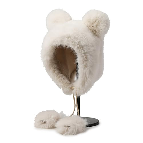 Winter Faux Fur Hat with Ears Flaps Fluffy Bear Beanie Cap Animal Lovers Gift - color: White