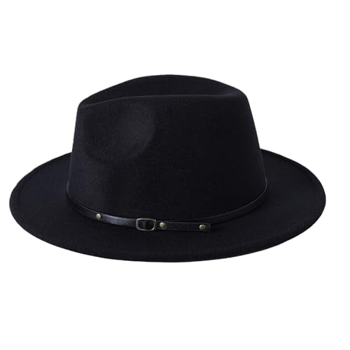 Unisex Adjustable Belt Buckle Wide Brim Fedora Hat, Felt Panama Hat for Men Women Formal Casual Wear - color: Black
