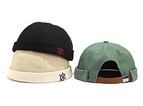 Rudder Embroidery Pattern Sailor Cap Rolled Cuff Retro Brimless Hat - color: A-black