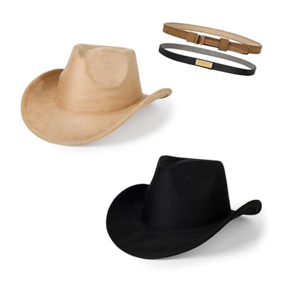 2 Pack Western Cowboy Hats for Women Men 2 Different hat Bands - color: Black+camel