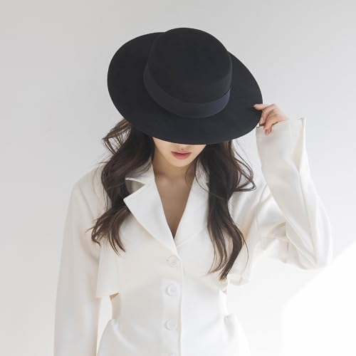 Classic Black Fashion Fedora Flat Hat Elegant Jazz Hats Brim Church Derby Cap for Head Circumference 22-22.8inch