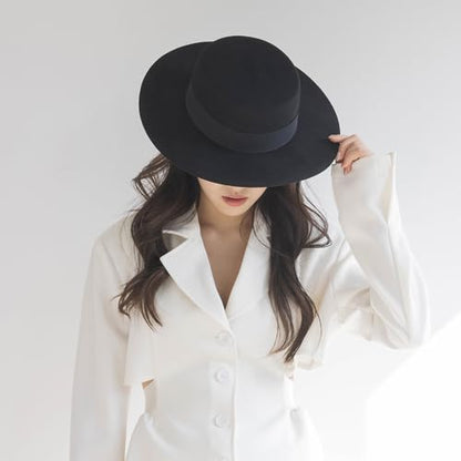 Classic Black Fashion Fedora Flat Hat Elegant Jazz Hats Brim Church Derby Cap for Head Circumference 22-22.8inch