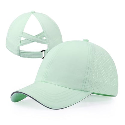 Girls Criss Cross Ponytail Hat Mesh Baseball Cap Kids Quick Dry Ponycap Hats Outdoor Summer Sports Hat Age 7-12 - color: Mint Green