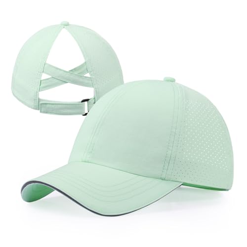 Girls Criss Cross Ponytail Hat Mesh Baseball Cap Kids Quick Dry Ponycap Hats Outdoor Summer Sports Hat Age 7-12 - color: Mint Green