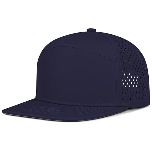 4 Inclusive Sizes Performance Flat Brim Trucker Hat Men Women, 7 Panel Snapback Running - color: 64.navy Blue