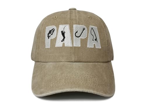 Papa Fishing Hats, Fisherman Gift for Grandpa Grandfather - color: Papa (Fishing - Washed Khaki)