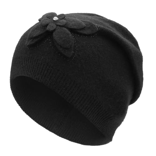 ZLYC Women Floral Slouchy Beanie Hat Double Layer Winter Knit Skull Cap - color: Butterfly Black
