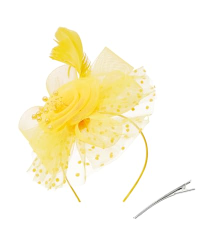 Century Star 2026 Kentucky Hat Derby Fascinator for Women Tea Party Flower Mesh Ribbons Feathers Headband Hair Clips - color: Bright Yellow