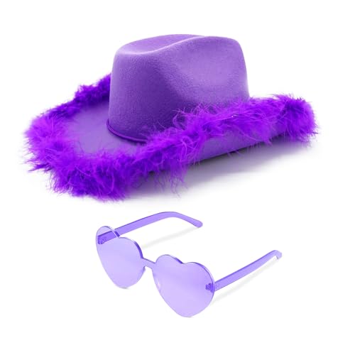 4E's Novelty Cowboy Hat with feathers With Heart Shaped Sunglasses for Women, Felt Cowgirl Hat for Party Costume Dress Up - color: Purple