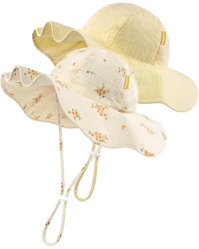 HONGTEYA Baby Sun Hat Muslin Wide Brim Toddler Girl Beach Bucket Hat - color: Off Yellow/Orange Floral, size: 6-24 Months