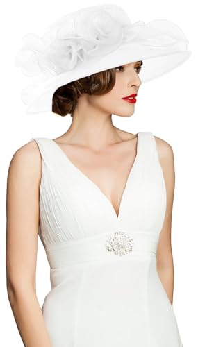Women's Kentucky Derby Church Dress Hat Wide Brim Leaf Flower Bridal Shower Hat - color: A8 White