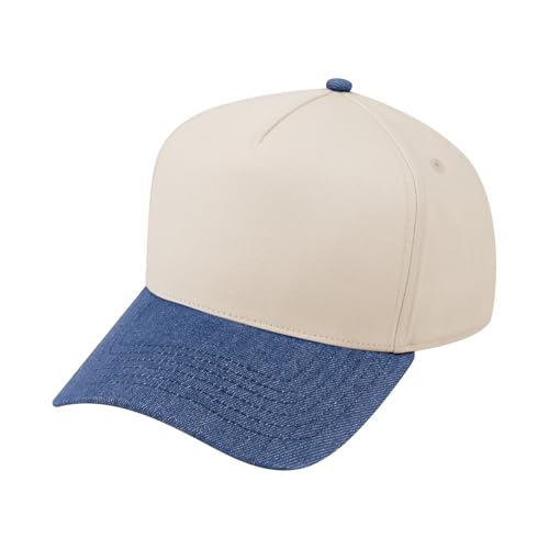 TOPTIE 5 Panel Trucker Hat Snapback Adjustable Cotton Sun Cap for Men - color: Denim Mid Blue Beige