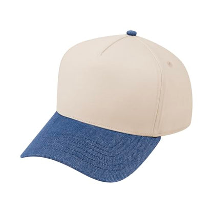 TOPTIE 5 Panel Trucker Hat Snapback Adjustable Cotton Sun Cap for Men - color: Denim Mid Blue Beige