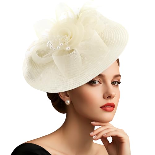 DRESHOW Fascinators Hat Flower Mesh Feathers Hat with a Headband and a Clip 7.9" Tea Party Headwear for Women - color: Folded Style 2: Beige / 7.9"
