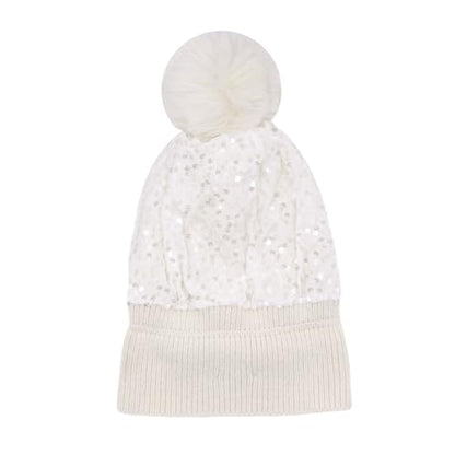Women Sparkly Sequins Knitted Beanie Hat Warm Winter Skull Cap with Faux Fur Pom Pom - color: X Ceamy White With Knit Cuffs