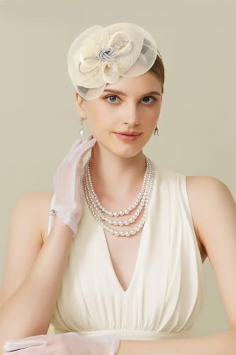 BABEYOND Fascinators Hats for Women Tulle Pillbox Knot Bead Tea Party Hat - color: Beige