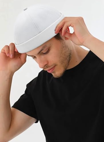 2 Pcs Mens Brimless Docker Cap Set - Retro Worker Sailor Skull Cap Beanie with Rolled Cuff - color: White